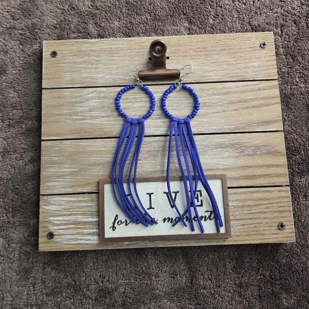 Blue Beaded Fringe Earrings Western Boho